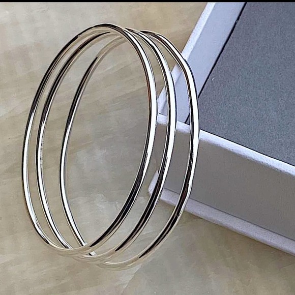 Sterling Silver Three Piece Thin Bangle Minimalist Bracelet Set - Picture 3 of 4